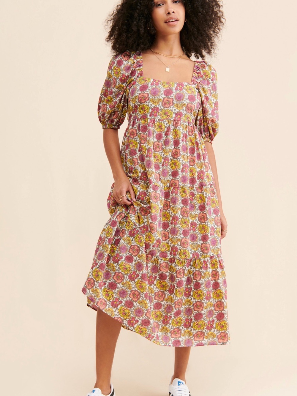 MinkPink Yasamin Dress Floral Square-Neck Puff-Sleeve Midi Dress in Pink